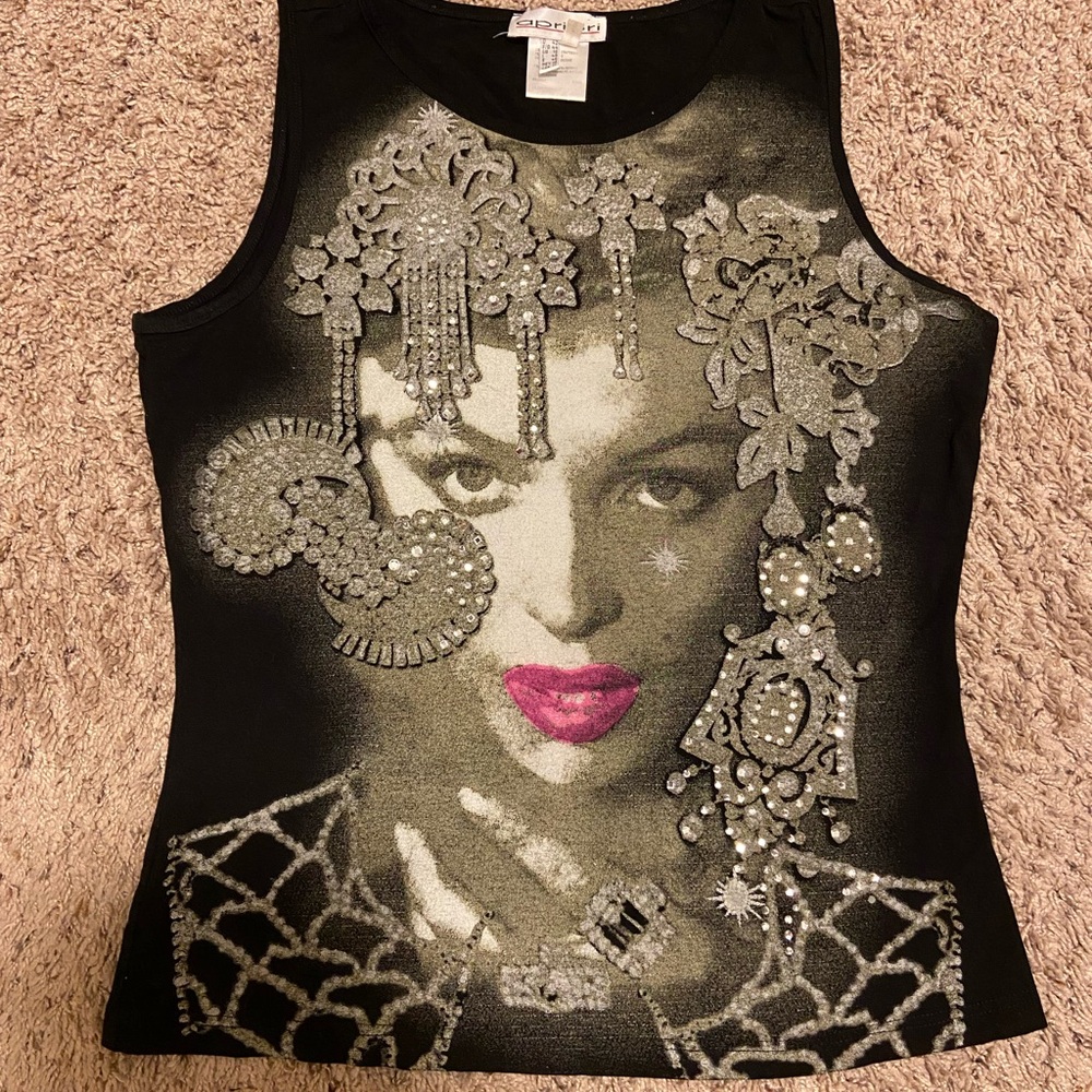 Y2K Black‎ and Gray Embellished Graphic Tank Top with Crystals Large 12
